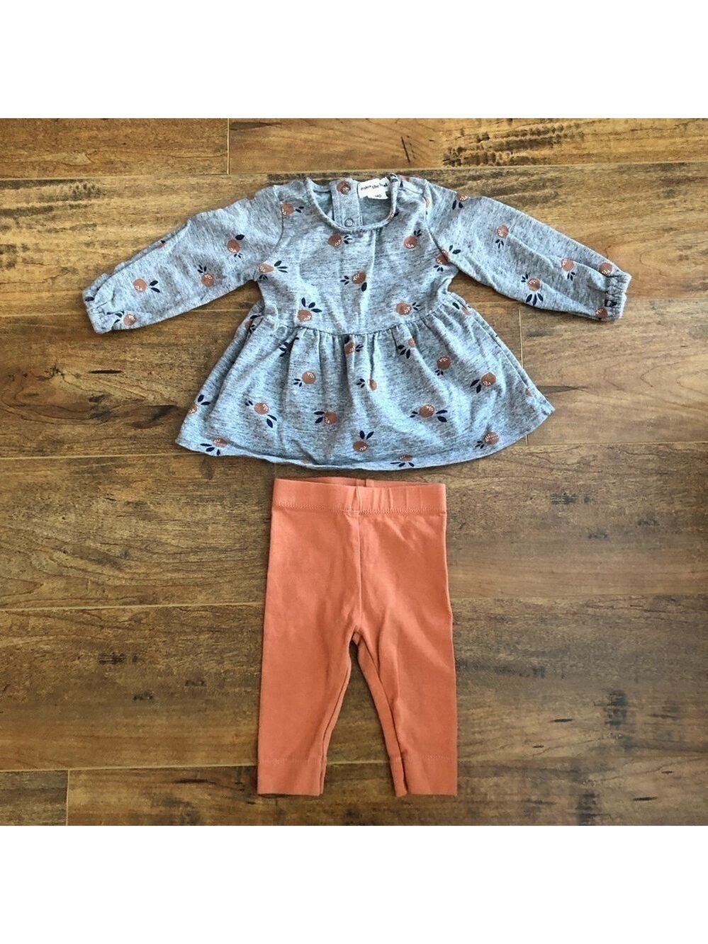 Mile The Label 2 -Piece Baby Outfit Set - Gray Floral Top and Orange Leggings 3M